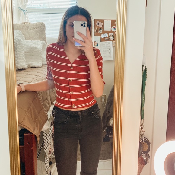 red & white striped button up - Picture 2 of 4